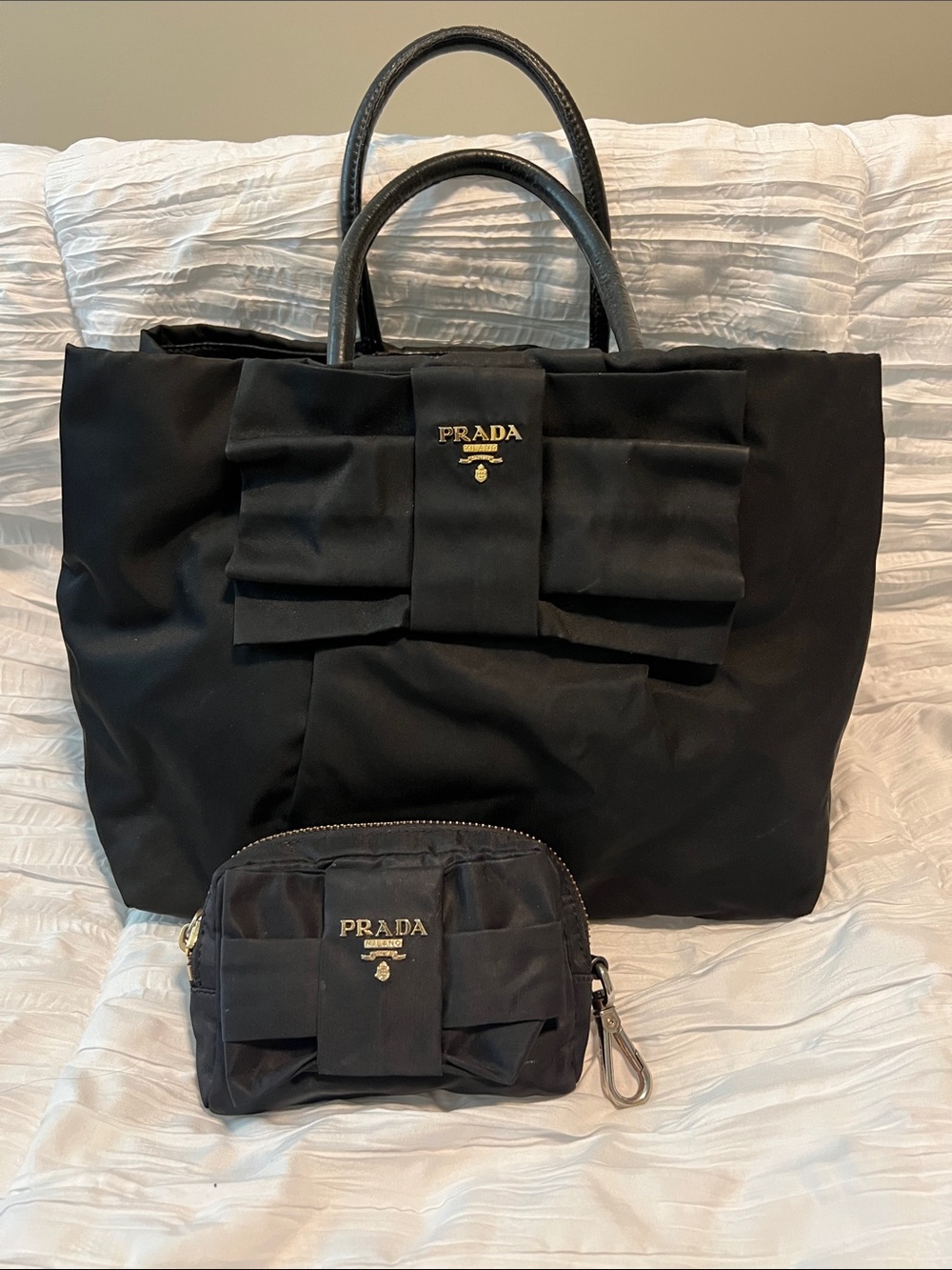 Prada Black Bow Bag with Pink Interior and Gold Hardware & Pouch